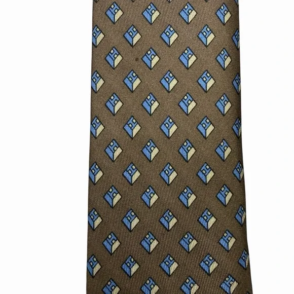 Hermes Men's Vtg Tie Geometric H Logo Brown/Blue Silk 914 HA 3.25 x 56.5 euc